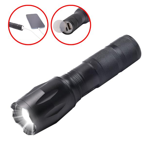 Wiederaufladbare Cree LED-Taschenlampe (260lm) mit Powerbank – USB-Taschenlampe IP44, Zoom & 200m Leuchtweite