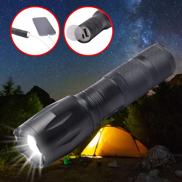 Wiederaufladbare Cree LED-Taschenlampe (260lm) mit Powerbank – USB-Taschenlampe IP44, Zoom & 200m Leuchtweite