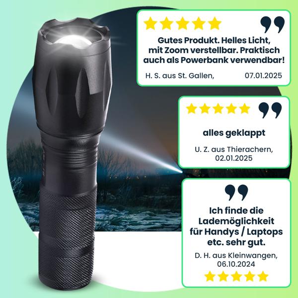 Wiederaufladbare Cree LED-Taschenlampe (260lm) mit Powerbank – USB-Taschenlampe IP44, Zoom & 200m Leuchtweite