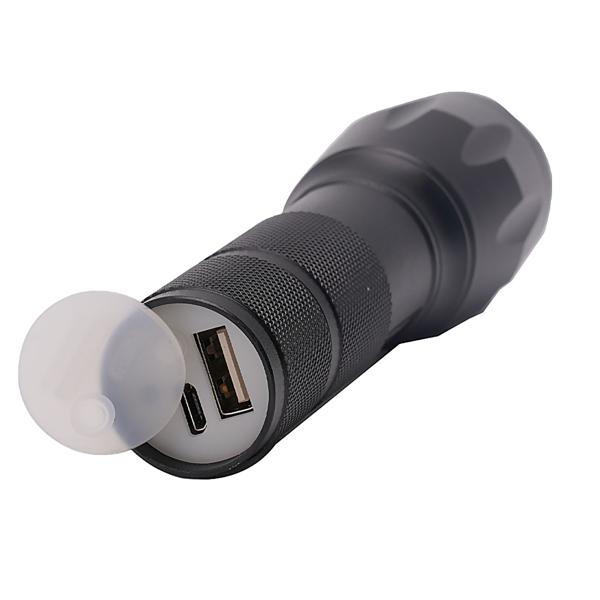 Wiederaufladbare Cree LED-Taschenlampe (260lm) mit Powerbank – USB-Taschenlampe IP44, Zoom & 200m Leuchtweite