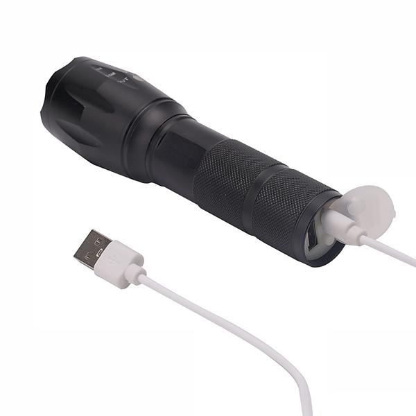 Wiederaufladbare Cree LED-Taschenlampe (260lm) mit Powerbank – USB-Taschenlampe IP44, Zoom & 200m Leuchtweite