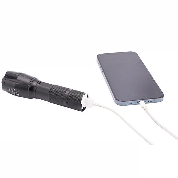 Wiederaufladbare Cree LED-Taschenlampe (260lm) mit Powerbank – USB-Taschenlampe IP44, Zoom & 200m Leuchtweite