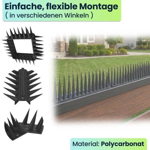 12er Set Taubenspikes Schwarz 5,4m - Effektive Vogelabwehr aus Polycarbonat - 3-reihige Abwehrspikes gegen Tauben, Möwen, Marder, Katzen & Eichhörnchen