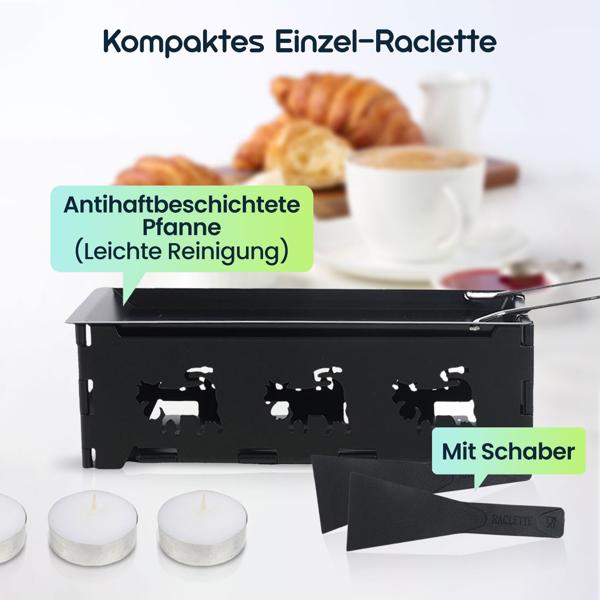 3er-Set Faltbares Raclette-Teelicht für 1-2 Personen, Raclette Set ohne Strom inkl. Teelichtern und Schaber, Metall mit originell ausgestanzten Kühen, antihaftbeschichtet