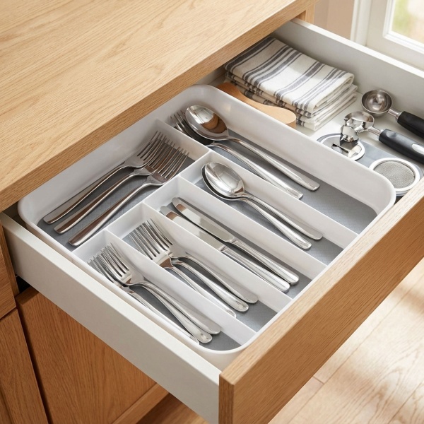 Besteckeinsatz mit Antirutsch-Boden: Robuster Schubladen-Organizer für Küche - Modernes Weiss-Grau Design