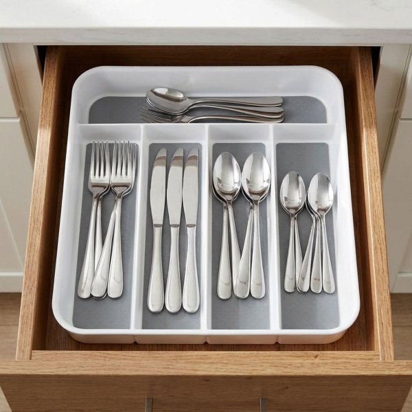 Besteckeinsatz mit Antirutsch-Boden: Robuster Schubladen-Organizer für Küche - Modernes Weiss-Grau Design