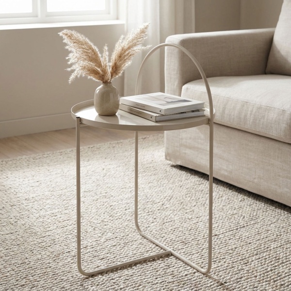 Wunderschöner Beistelltisch Sandfarbe - 40x40x65 mit Bogen - Ablagetisch Modern und Elegant - Perfekt für Wohnzimmer & als Nachttisch