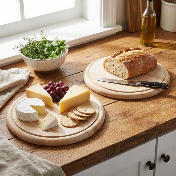 2er-Set Edles Schneidebrett rund 25cm - hochwertiges Holz-Frühstücksbrett, Tranchierbrett & Servierteller - Küchenbrett für Feinschmecker