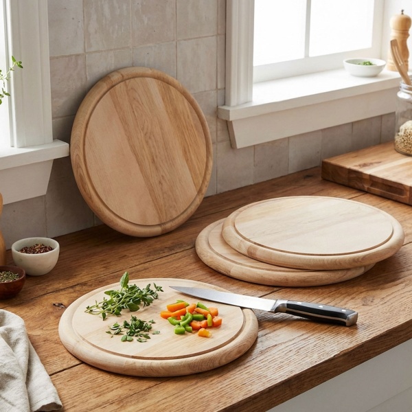 4er-Set Edles Schneidebrett rund 25cm - hochwertiges Holz-Frühstücksbrett, Tranchierbrett & Servierteller - Küchenbrett für Feinschmecker