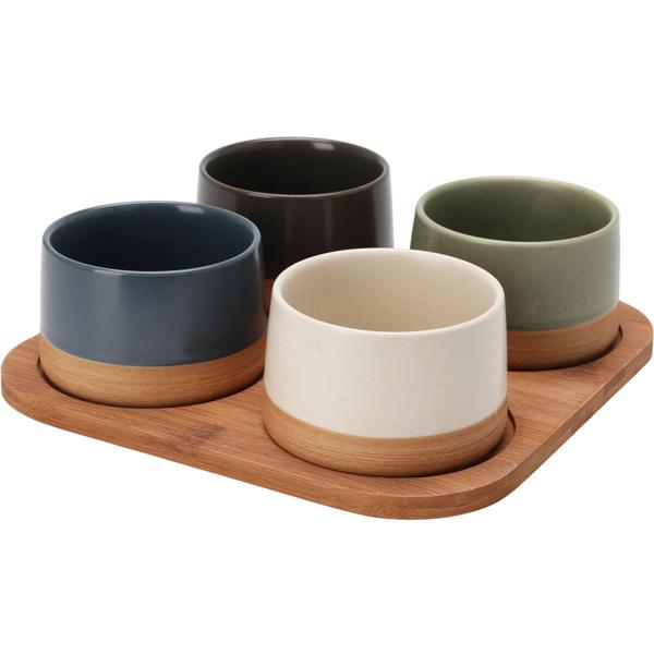 Edles Schalen-Set 5-tlg: Dunkles Bambus-Tablett & 4 Bunte Dipschalen aus Steinzeug - Mini-Schüsseln & Snackschalen 9,5 x 4,5cm – Modern, chic & robust