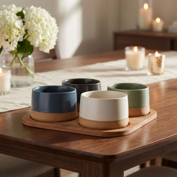 Edles Schalen-Set 5-tlg: Dunkles Bambus-Tablett & 4 Bunte Dipschalen aus Steinzeug - Mini-Schüsseln & Snackschalen 9,5 x 4,5cm – Modern, chic & robust