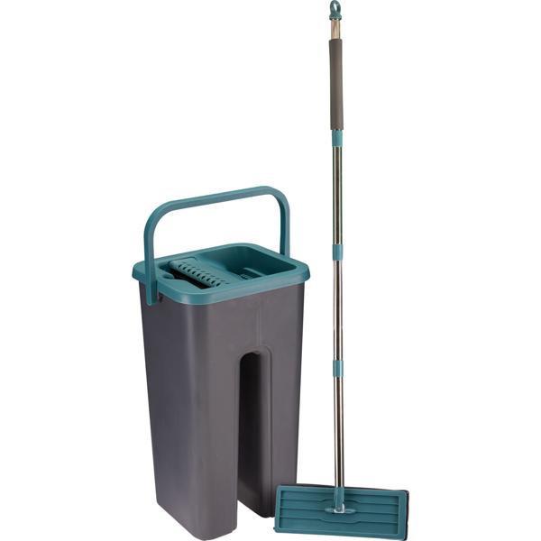 Wischmopp und Eimer mit Auswringer Set, Doppelfach-Eimer für sauberes Wasser, 112cm Metallstiel, Mikrofaserwischpad, Bodenwischer für alle Hartböden