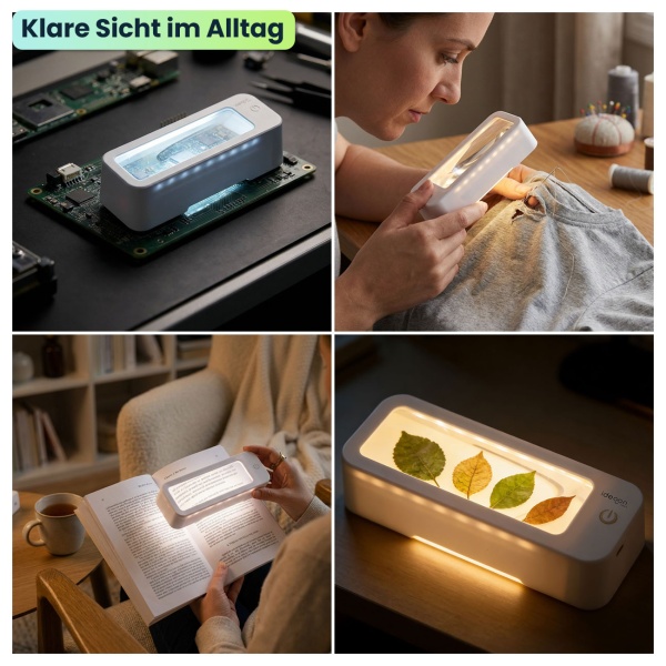 LED Leselupe mit 3-fach Vergrösserung, dimmbar, 3 Lichtfarben 3000-6500K, Akku bis 10h, USB-C, ideal für Senioren & Sehschwäche, beleuchtete Sehhilfe