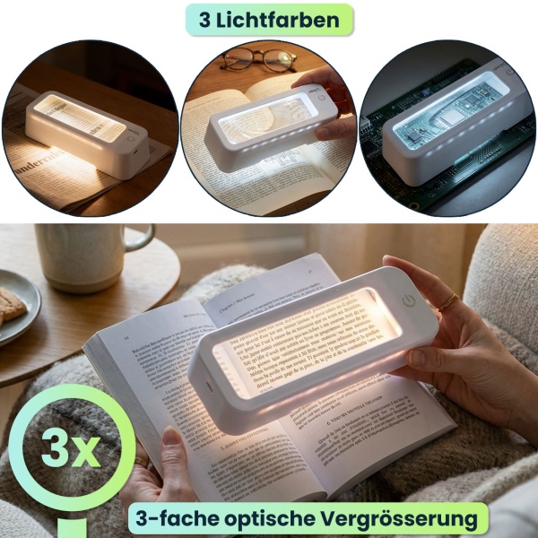 LED Leselupe mit 3-fach Vergrösserung, dimmbar, 3 Lichtfarben 3000-6500K, Akku bis 10h, USB-C, ideal für Senioren & Sehschwäche, beleuchtete Sehhilfe