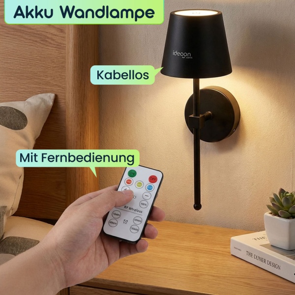 Elegante LED Wandleuchte kabellos mit Fernbedienung: Akku Wandlampe dimmbar in Schwarz, USB aufladbar mit Timer & Touch-Sensor