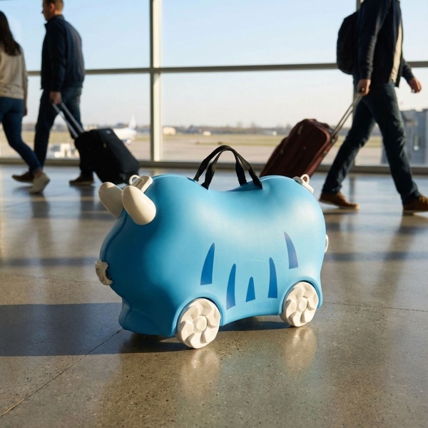 Robuster Kinder Trolley Hartschalenkoffer Blau – Stabiler Koffer mit Sitzfunktion für Mädchen & Jungen, Buntes Kindergepäck mit Rollen