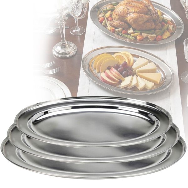Edelstahl Servierplatten Set 3-tlg Oval, Silber – Rostfreie Tabletts zum Anrichten von Braten, Fisch & Buffet – Hochwertige Platten 34-45cm