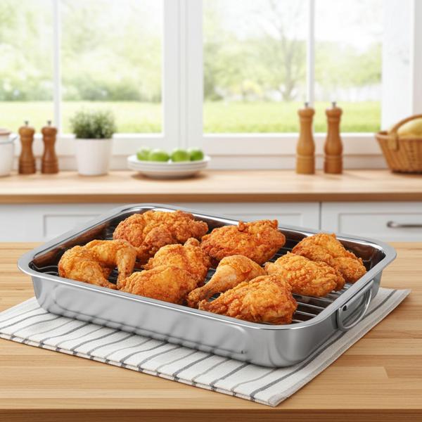 Backofen Bräter aus Edelstahl mit Rost & Griffen - zum Braten & Backen von Fleisch, Fisch oder Gemüse - Bratschlitten für Elektro- & Gasöfen