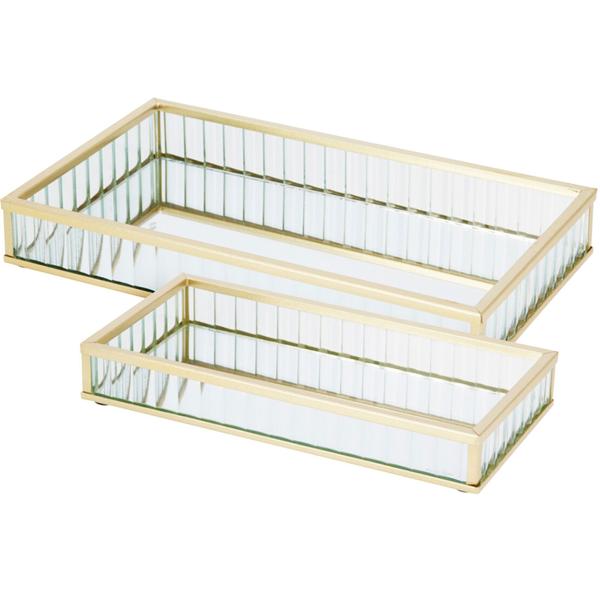 Luxuriöses 2er-Set Deko-Tabletts aus Glas & Metall, Gold – Rechteckiges Schmuck- & Serviertablett, Kosmetik Ablage – Ideal für Bad & Schminktisch