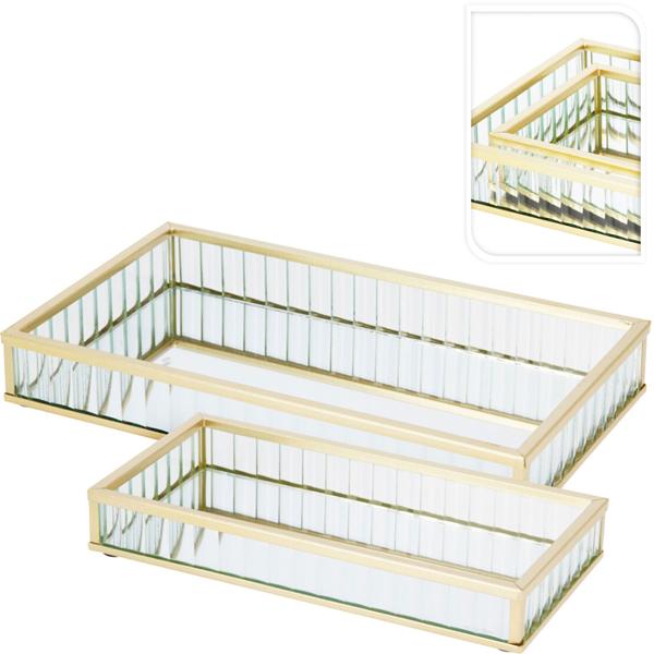 Luxuriöses 2er-Set Deko-Tabletts aus Glas & Metall, Gold – Rechteckiges Schmuck- & Serviertablett, Kosmetik Ablage – Ideal für Bad & Schminktisch