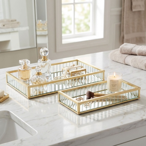 Luxuriöses 2er-Set Deko-Tabletts aus Glas & Metall, Gold – Rechteckiges Schmuck- & Serviertablett, Kosmetik Ablage – Ideal für Bad & Schminktisch