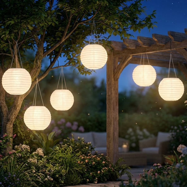 6er-Set Grosser Solar Lampion, Ø 40 cm – Wetterfeste LED Kugel hängend für Garten & Balkon – Automatische Solarleuchte Deko für Party