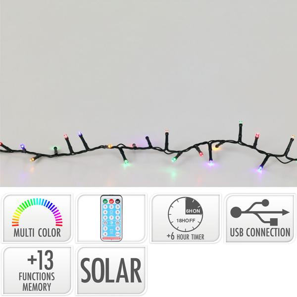 LED Solar Lichterkette 768 LEDs, 5,6m, 13 Funktionen, Fernbedienung & Timer - USB-ladebar, buntes Licht für Garten, Balkon & Terrasse