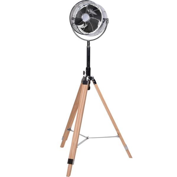 Design Stativventilator Holz & Metall, 80 Watt Standventilator Höhenverstellbar 85-135cm, 3 Stufen, 30cm Ventilator-Kopf