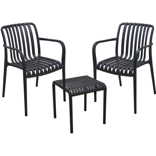 Modernes Bistro-Set: 2 Gartenstühle mit Armlehnen & ein schicker Beistelltisch, Schwarz – aus robustem Kunststoff, wetterfest, stilvoll & stabil 