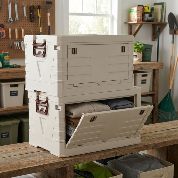 2er-Set Faltbare Aufbewahrungsbox 55L Beige: robuste Klappbox, stapelbarer Ordnungshelfer für Kleidung, Spielzeug & mehr - platzsparend & stabil