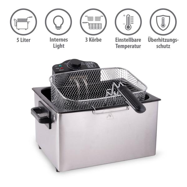 Premium Doppelkorb Fritteuse 5L Edelstahl – 2000W für schnelle, knusprige Ergebnisse - Profi Kaltzonen Fritteuse mit 3 Körben