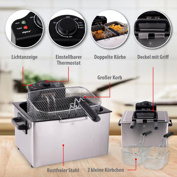 Premium Doppelkorb Fritteuse 5L Edelstahl – 2000W für schnelle, knusprige Ergebnisse - Profi Kaltzonen Fritteuse mit 3 Körben