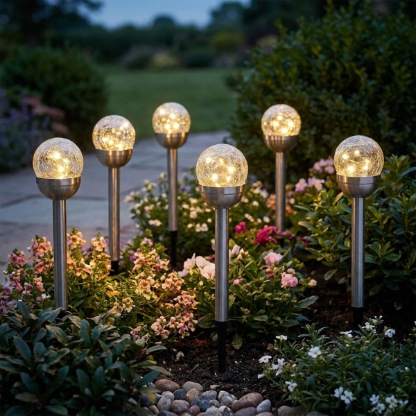 6er-Set Glaskugel Solarleuchte, Edelstahl: 4 LED Kupferdraht, wetterfest & dekorativ - ideal für Garten & Terrasse, 34,5 cm
