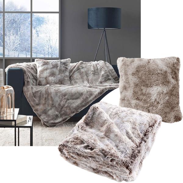 2er-Set Superweiche Kuscheldecke 180 x 220 cm & Flauschiges Dekokissen 45 x 45 cm in Felloptik, Schokobraun - Für gemütliche Stunden auf dem Sofa