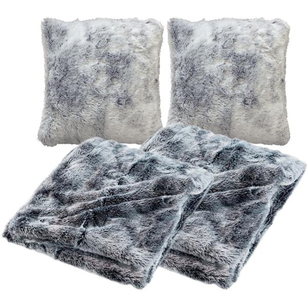 4er-Set Superweiche Kuscheldecken 180 x 220 cm & 125 x 150 cm und 2 Flauschige Dekokissen 45 x 45 cm in Felloptik, Grau - Für Wohlfühl-Momente