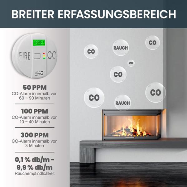 Sicherer CO & Rauchmelder Kombigerät Air-Guard Duo, 85dB. Zuverlässiger Brand- & Kohlenmonoxidalarm mit digitalem LCD, Test- & Stummschaltfunktion