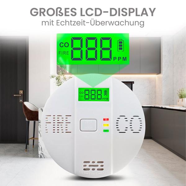 Sicherer CO & Rauchmelder Kombigerät Air-Guard Duo, 85dB. Zuverlässiger Brand- & Kohlenmonoxidalarm mit digitalem LCD, Test- & Stummschaltfunktion