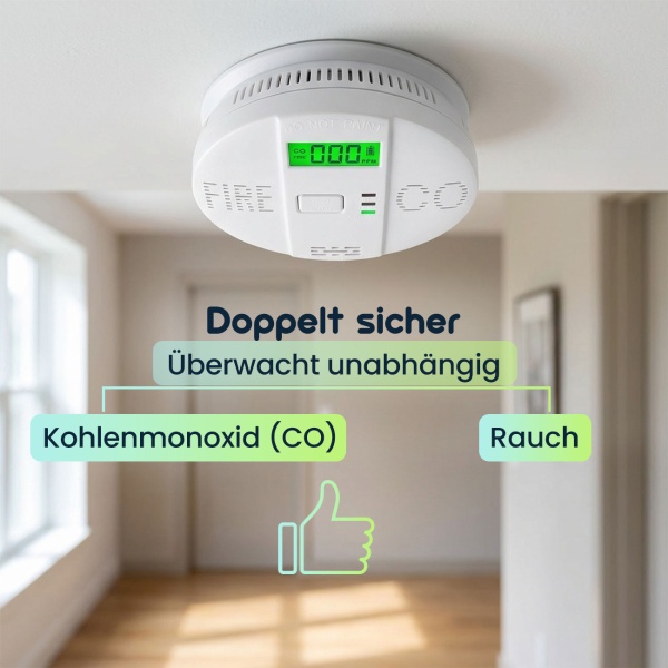 3er-Set Sicherer CO & Rauchmelder Kombigerät Air-Guard Duo, 85dB. Zuverlässiger Brand- & Kohlenmonoxidalarm mit digitalem LCD, Test- & Stummschaltfunktion