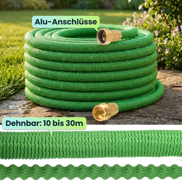 Dehnbarer Gartenschlauch 10 bis 30m mit Alu-Anschlüssen, Flexibler Wasserschlauch UV-beständig, 3-fache Ausdehnung, 3/4 Zoll Gold-Aluminium Gewinde