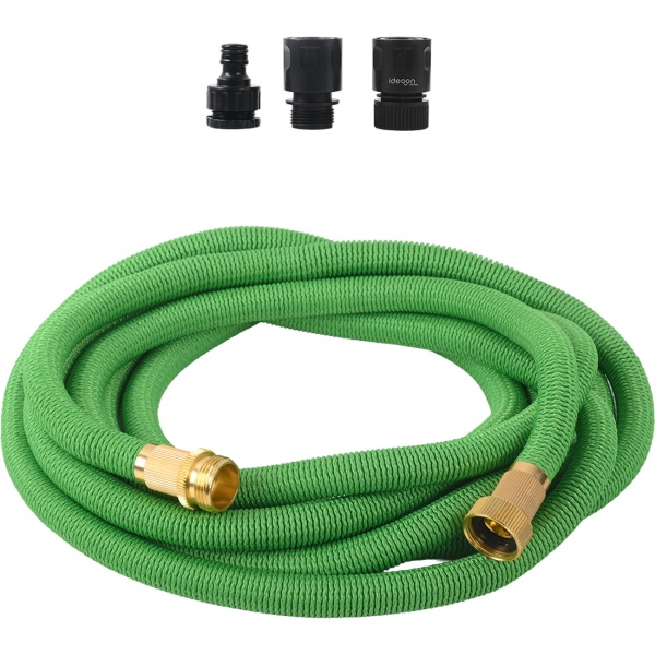 Dehnbarer Gartenschlauch 5 bis 15m mit Alu-Anschlüssen, Flexibler Wasserschlauch UV-beständig, 3-fache Ausdehnung, 3/4 Zoll Gold-Aluminium Gewinde