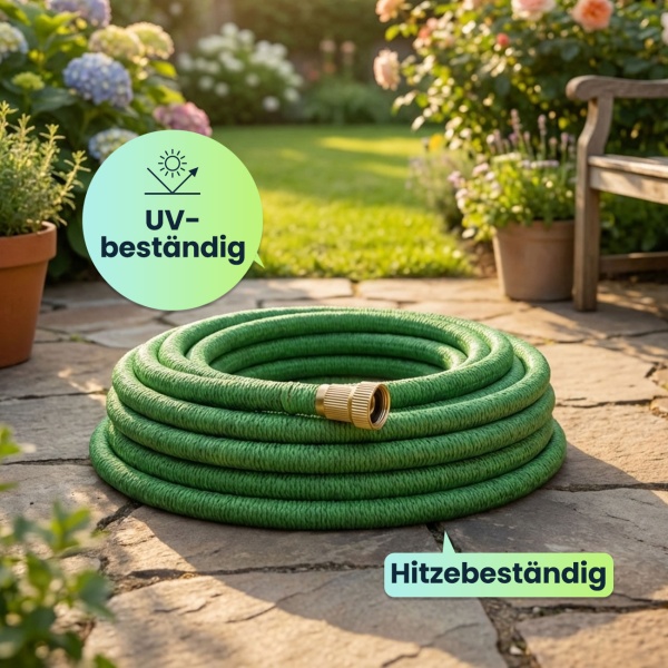 Dehnbarer Gartenschlauch 5 bis 15m mit Alu-Anschlüssen, Flexibler Wasserschlauch UV-beständig, 3-fache Ausdehnung, 3/4 Zoll Gold-Aluminium Gewinde