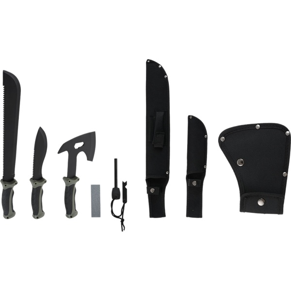 Survival Set - Beil, Messer & Machete mit 3 Gürtelscheiden, Wetzstein & Profi-Feuerstahl inklusive Flaschenöffner und Messskala für Outdoor