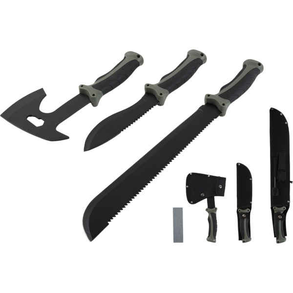 Survival Set - Beil, Messer & Machete mit 3 Gürtelscheiden, Wetzstein & Profi-Feuerstahl inklusive Flaschenöffner und Messskala für Outdoor