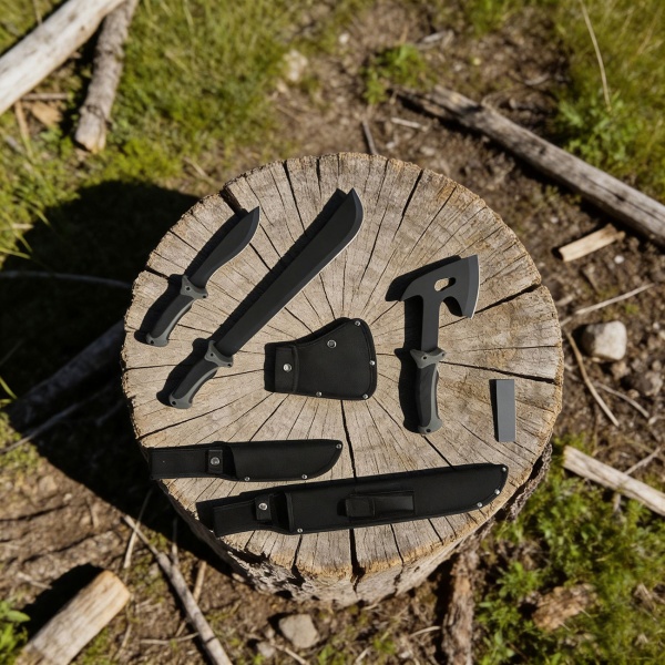 Survival Set - Beil, Messer & Machete mit 3 Gürtelscheiden, Wetzstein & Profi-Feuerstahl inklusive Flaschenöffner und Messskala für Outdoor