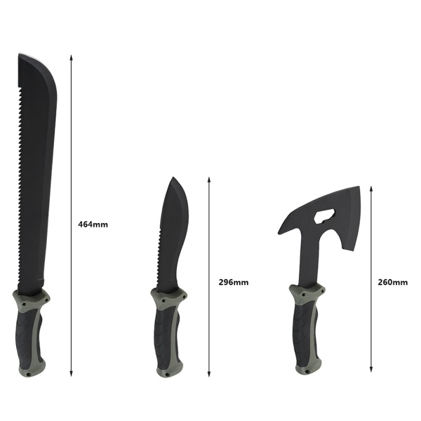 Survival Set - Beil, Messer & Machete mit 3 Gürtelscheiden, Wetzstein & Profi-Feuerstahl inklusive Flaschenöffner und Messskala für Outdoor
