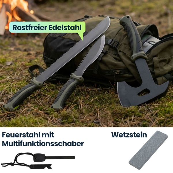 Survival Set - Beil, Messer & Machete mit 3 Gürtelscheiden, Wetzstein & Profi-Feuerstahl inklusive Flaschenöffner und Messskala für Outdoor
