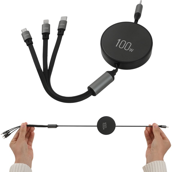 4er-Set 3in1 Roll-Ladekabel: 100W Power für Android & iPhone. 1m ausziehbar, extrem robust & ohne Kabelsalat - USB-C Lightning Micro Schnellladekabel