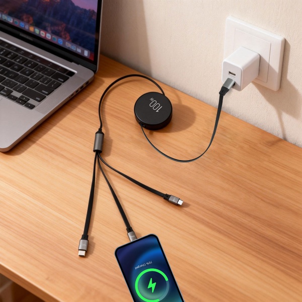 4er-Set 3in1 Roll-Ladekabel: 100W Power für Android & iPhone. 1m ausziehbar, extrem robust & ohne Kabelsalat - USB-C Lightning Micro Schnellladekabel