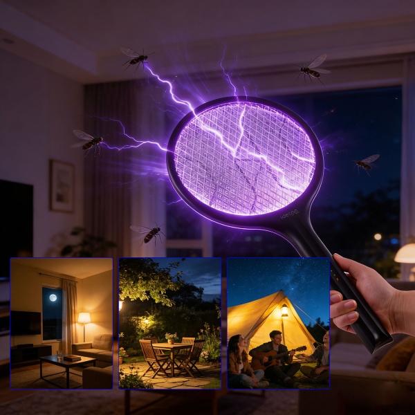 Elektrische Fliegenklatsche mit Akku & UV-Licht - Mückenfänger für optionalen stationären Betrieb, mit Schutzgitter & USB-C Anschluss