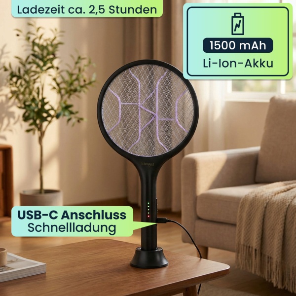 Elektrische Fliegenklatsche mit Akku & UV-Licht - Mückenfänger für optionalen stationären Betrieb, mit Schutzgitter & USB-C Anschluss